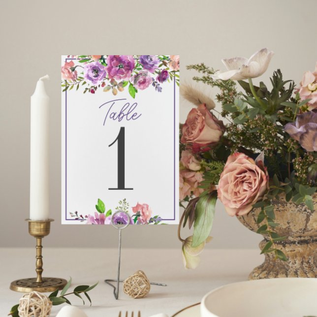 Numéro De Table Mariage floral pourpre en fleurs printanières Numé (Créateur téléchargé)