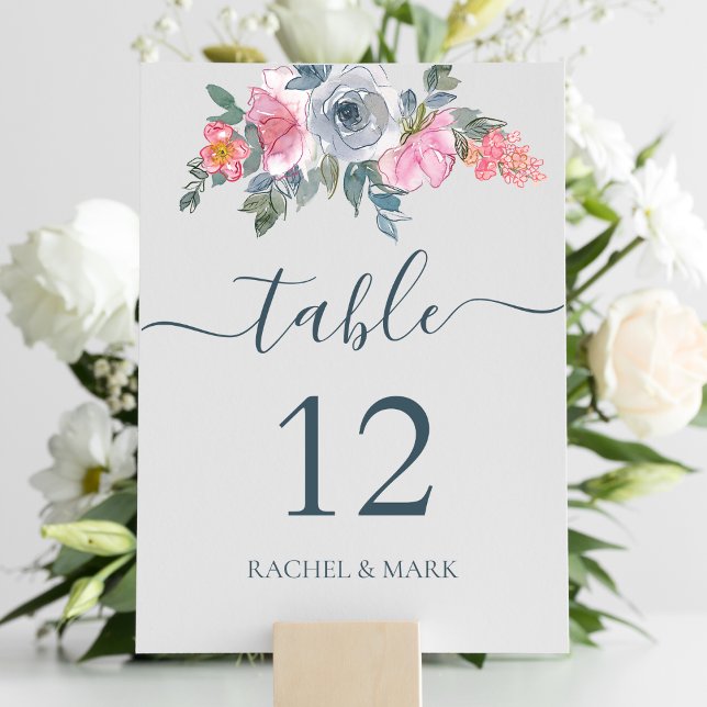 Numéro De Table Mariage floral rose bleu foncé (Créateur téléchargé)