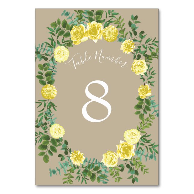 Numéro De Table Mariage floral Rose de Khaki Ecru jaune clair (Dos)