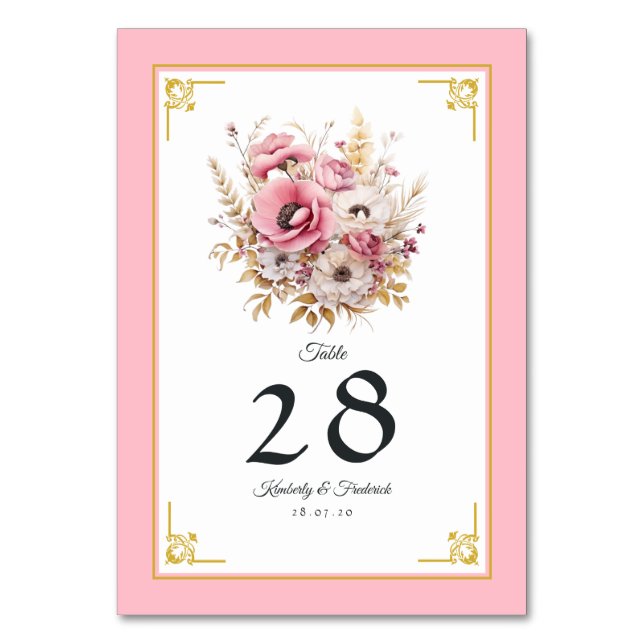 Numéro De Table Mariage floral rose et or (Par défaut)
