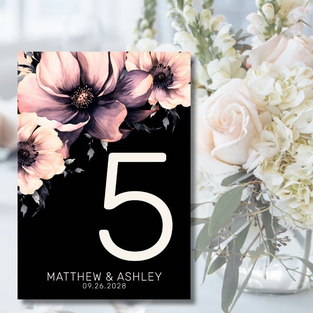Numéro De Table Mariage Floral Rose Noir Moderne (Unique Modern Boho Pink Black Floral Wedding Table Number)