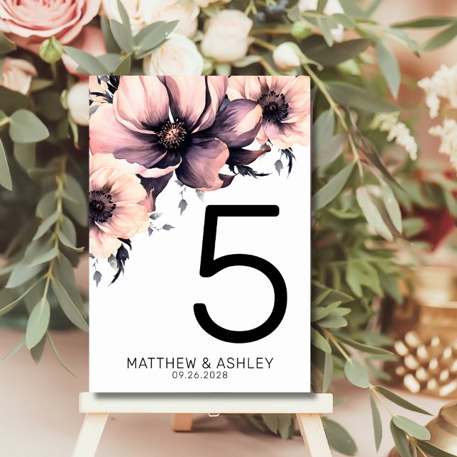 Numéro De Table Mariage floral rose rose et élégant moderne (Modern Elegant Floral Blush Pink Wedding Table Number)
