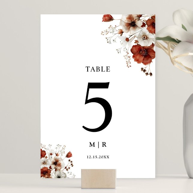 Numéro De Table Mariage floral rouge et blanc rustique (Créateur téléchargé)