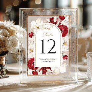 Numéro De Table Mariage floral rouge rubis et blanc