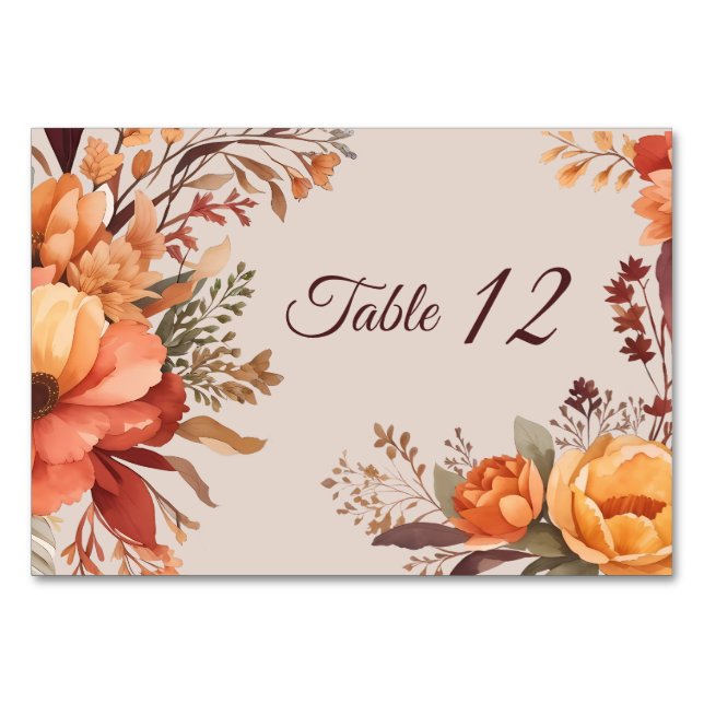 Numéro De Table Mariage Floral Rustique Aquarelle d'Automne  (Devant)