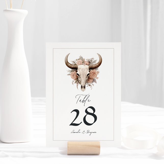 Numéro De Table Mariage Floral Rustique Crâne de Vache (Rustic Floral Cow Skull Wedding Table Number)