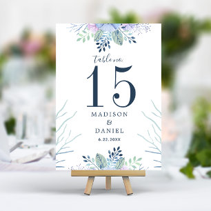 Numéro De Table Mariage Floral Rustique Hiver Bleu Nuit Aquarelle
