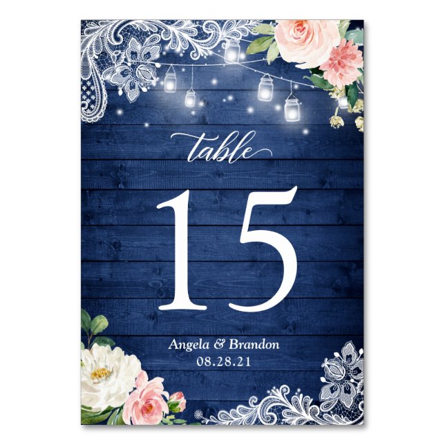 Numéro De Table Mariage floral rustique Mason bleu (Dos)