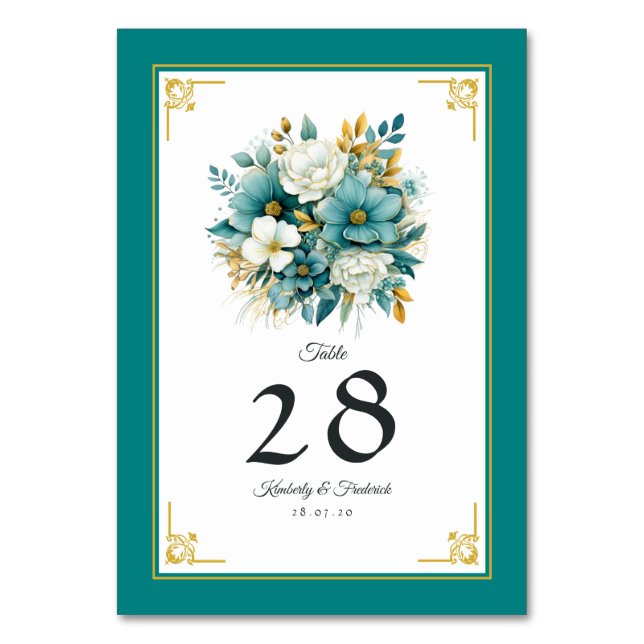 Numéro De Table Mariage floral sarcelle et or (Par défaut)