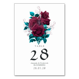 Numéro De Table Mariage floral turquoise et burgundy