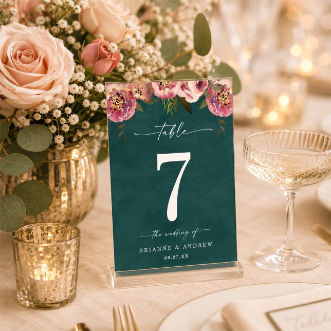 Numéro De Table Mariage Floral Vert Sarcelle Profond Chic en Fleur (Créateur téléchargé)