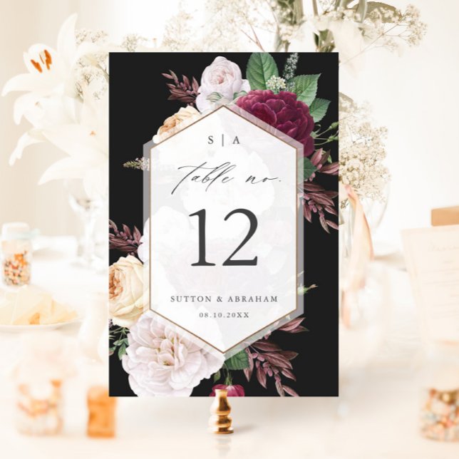 Numéro De Table Mariage Floral Vintage (Vintage Floral Bouquet Black  Wedding Table Number Cards.)