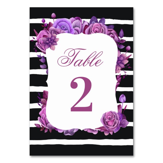 Numéro De Table Mariage floral violet et rose. Rayures noires (Par défaut)