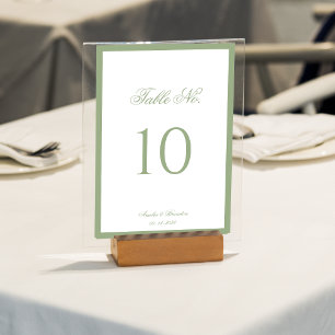 Numéro De Table Mariage Formel Classique Vert Sauge Bordure Script