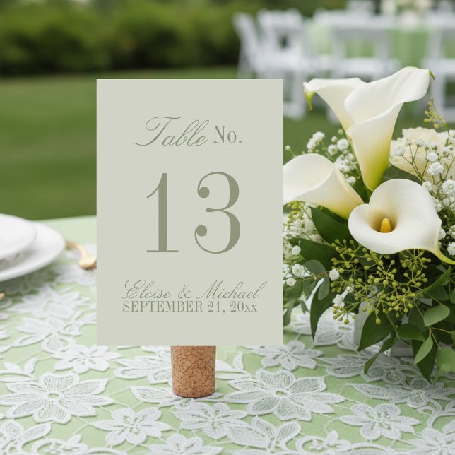 Numéro De Table Mariage Formel Vert Sauge Écriture Moderne (Set the dinner tables of your big day with this Modern Script Sage Green Table Number!)