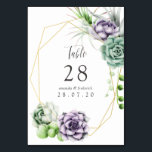 Numéro De Table Mariage Géométrique de Succulentes à l'Aquarelle<br><div class="desc">Cartes de numéros de table de mariage aux succulentes tendance avec cadre géométrique doré et lavis d'aquarelle vert sauge au verso.</div>