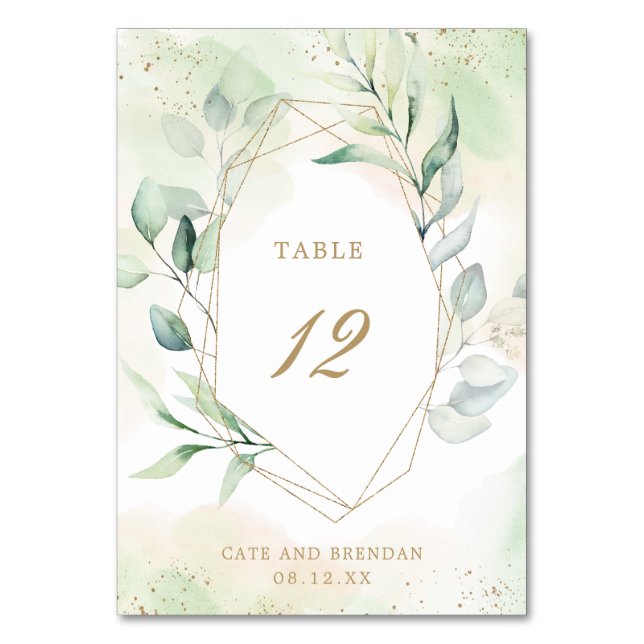 Numéro De Table Mariage géométrique doré à la verdure d'eucalyptus (Par défaut)
