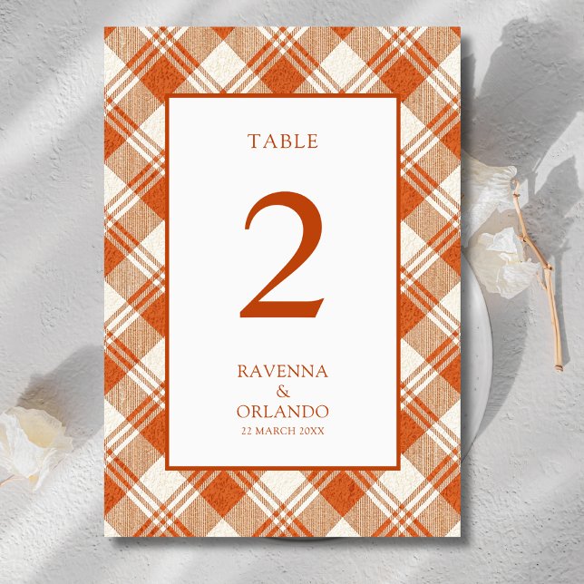 Numéro De Table Mariage Gingham Carreaux Orange Rustique Atténué (Créateur téléchargé)