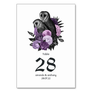 Numéro De Table Mariage gothique aux hiboux à fleurs violettes