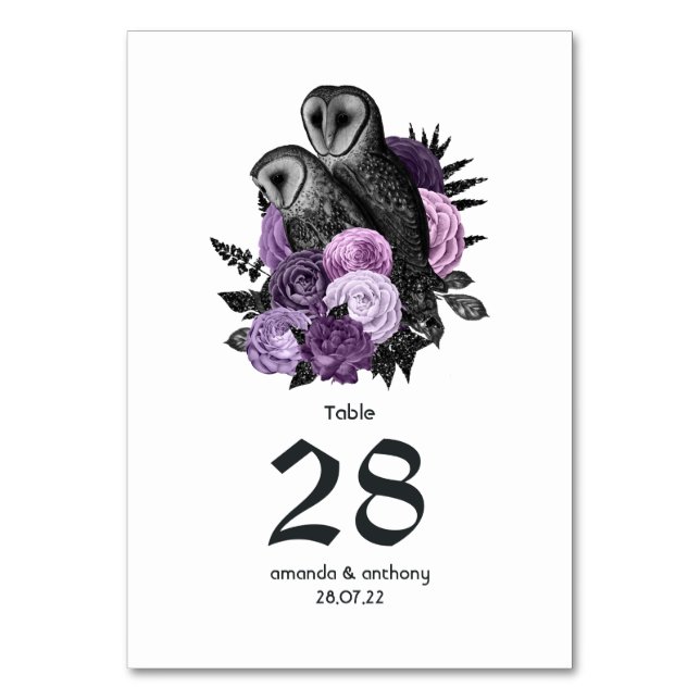 Numéro De Table Mariage gothique aux hiboux à fleurs violettes (Par défaut)