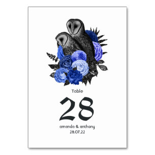 Numéro De Table Mariage gothique aux hiboux floraux bleu royal