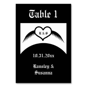 Numéro De Table Mariage gothique cœur ailé monogramme personnalisé