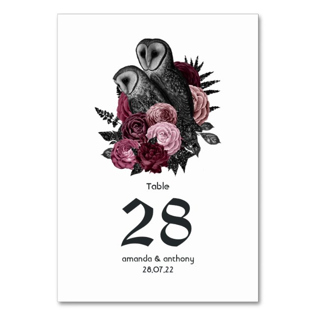 Numéro De Table Mariage gothique de chouettes florales de Bourgogn (Par défaut)