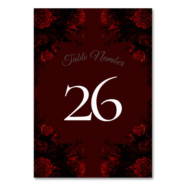 Numéro De Table Mariage gothique élégant floral rouge profond (Dos)