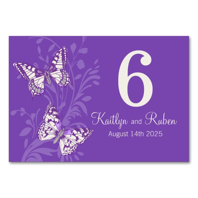 Numéro De Table Mariage graphique papillons nom date violet (Dos)
