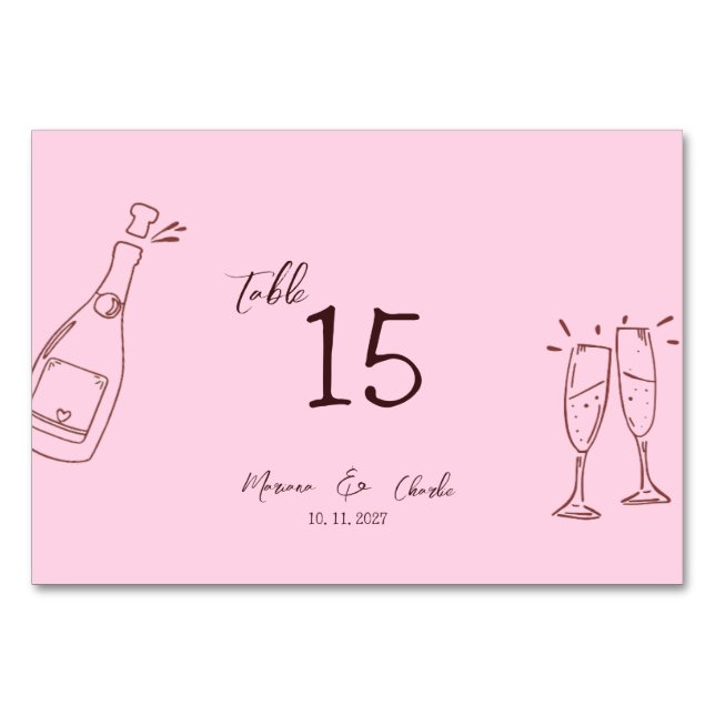 Numéro De Table Mariage Griffonné Main Rose Fantaisiste (Devant)