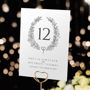 Numéro De Table Mariage gris de fusain blanc feuille de couronne o