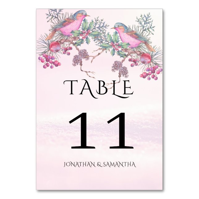 Numéro De Table Mariage hivernal à l'aquarelle Cônes de pin Oiseau (Dos)