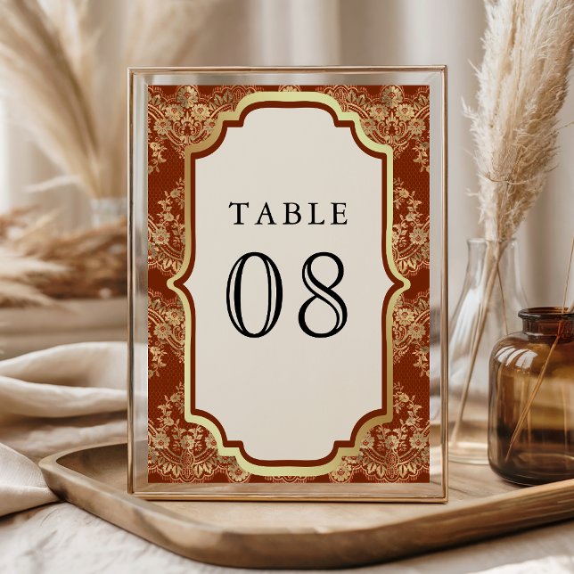 Numéro De Table Mariage indien Rust Orange Gold Lace (Créateur téléchargé)