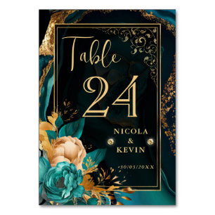 Numéro De Table Mariage Luxueux Fleuris de Teal et Or sur Agate