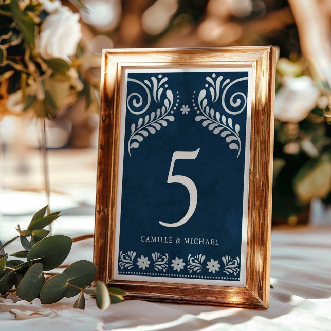 Numéro De Table Mariage mexicain en Terracotta Bleue (Blue Papel Picado Mexican Table Number Card)