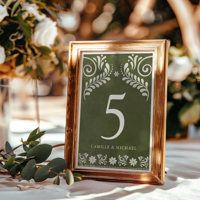 Numéro De Table Mariage Mexicain Vert Rustique (Green Papel Picado Wedding Table Numbers signs)