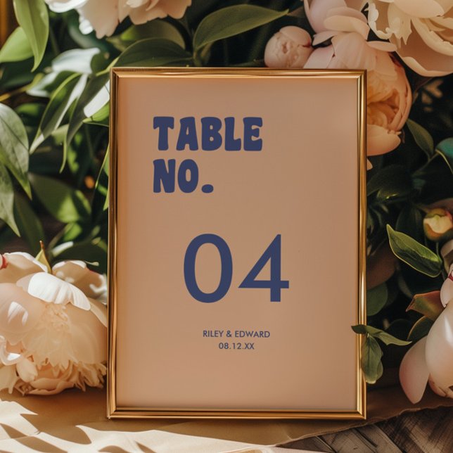 Numéro De Table Mariage Minimal Rétro Bleu & Beige (Créateur téléchargé)