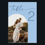 Numéro De Table Mariage Minimaliste Bleu Pastel Ciel | Photo d'Arc<br><div class="desc">Une carte de numéro de table de mariage moderne conçue pour guider les invités à leurs sièges tout en ajoutant un détail personnel significatif à vos tables de réception. Placé sur un fond bleu ciel pastel avec une écriture foncée, le design est épuré, élégant et frais. Une photo de couple...</div>