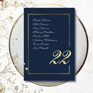 Numéro De Table Mariage minimaliste calligraphié Navy Or