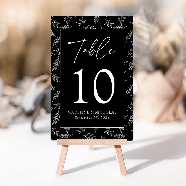 Numéro De Table Mariage Minimaliste Moderne Botanique Noir (Créateur téléchargé)