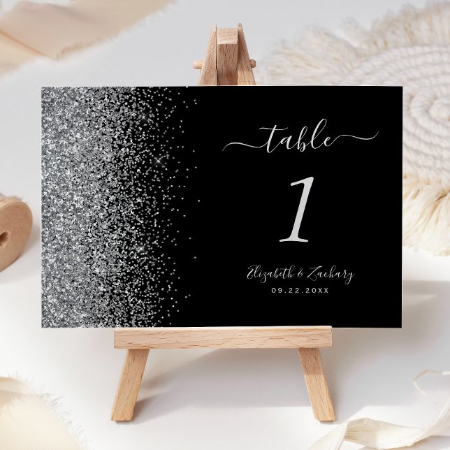 Numéro De Table Mariage Moderne Bordure Pailletée Noir Argent (Créateur téléchargé)