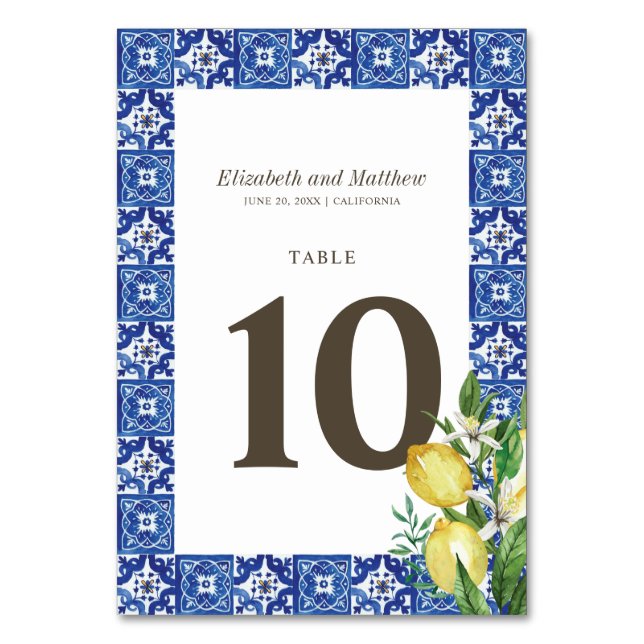 Numéro De Table Mariage moderne citron feuillage bleu méditerranée (Par défaut)