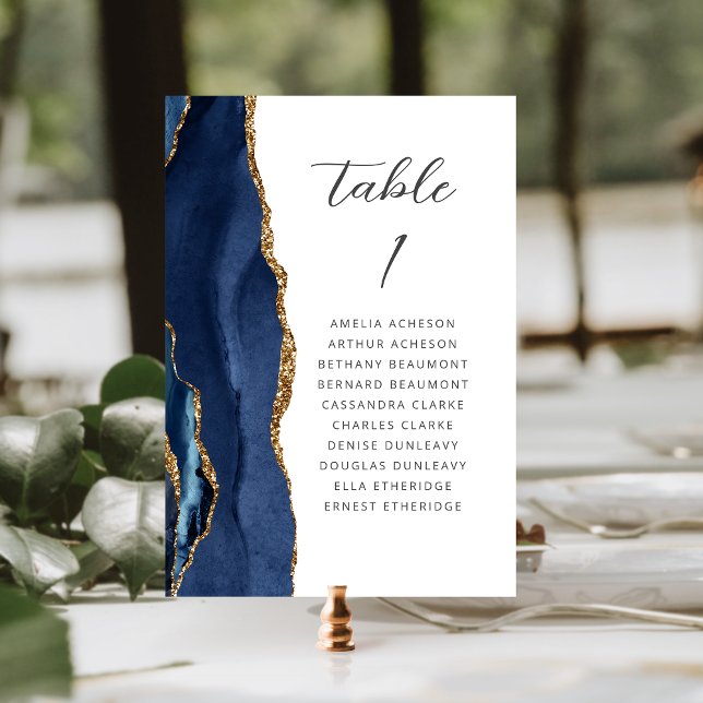 Numéro De Table Mariage Moderne Écriture Agate Bleu Nuit Or (Créateur téléchargé)