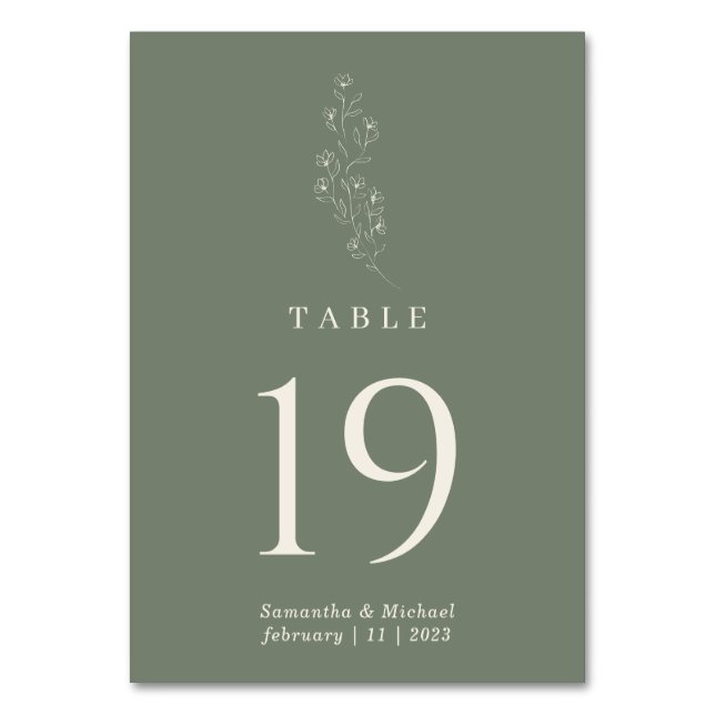 Numéro De Table Mariage Moderne Fleur Vert Sauge (Par défaut)