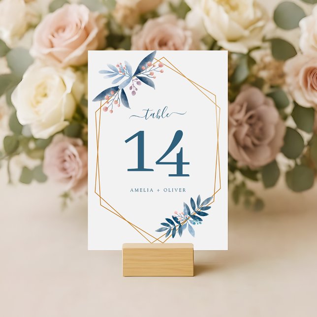Numéro De Table Mariage Moderne Géométrique à la verdure bleue pou (Créateur téléchargé)