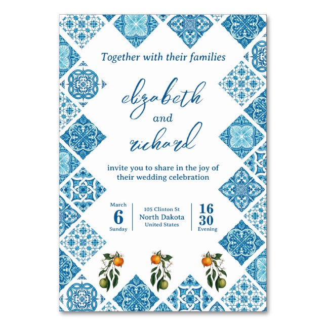 Numéro De Table Mariage Moderne Méditerranéen Carrelage Bleu Citro (Par défaut)