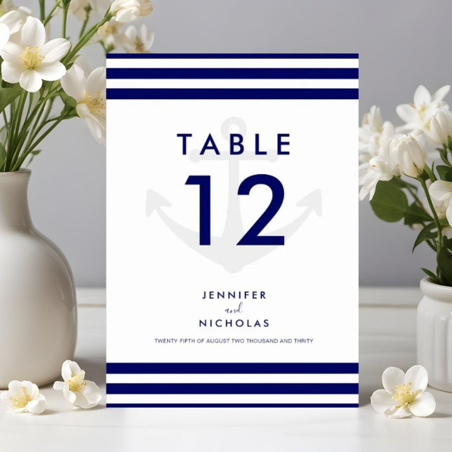 Numéro De Table Mariage moderne nautique ancre rayures bleues (Modern Nautical Anchor Blue Stripes Wedding Table Number)