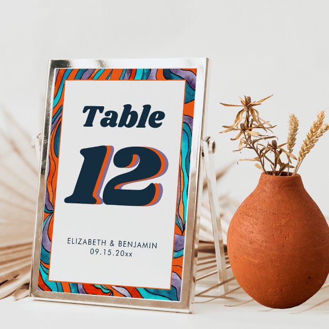 Numéro De Table Mariage Moderne Rétro Groovy Orange Brûlé Bleu (Front and Back)