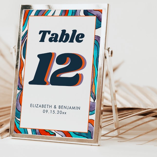 Numéro De Table Mariage Moderne Rétro Groovy Orange Brûlé Bleu (Front and Back)