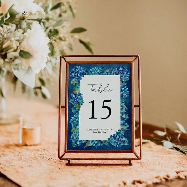 Numéro De Table Mariage Moderne Rustique Bleu Nuit Hydrangeas Rayé (Créateur téléchargé)